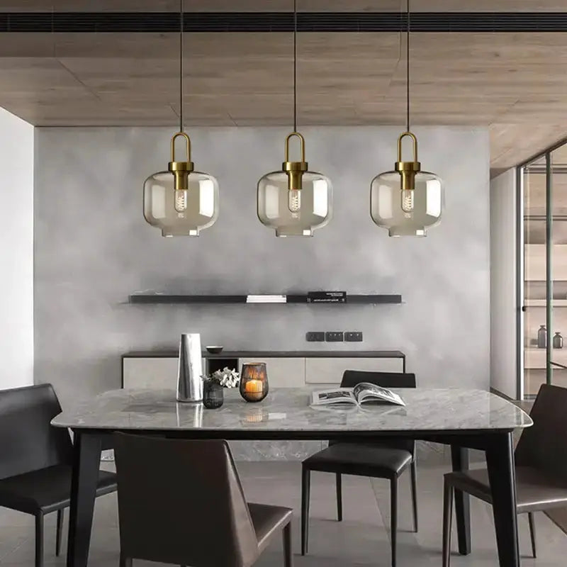 Modern smoked glass and brass pendant light set by Decorbites for kitchen dining, three pendants on Tampa Home & Garden Store