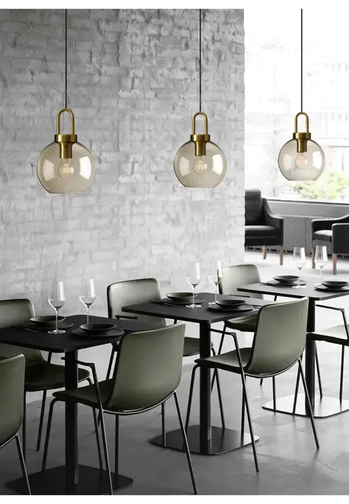 Modern smoked glass and brass pendant lights, set of 3 with brass hardware and black cords on Tampa Home & Garden Store