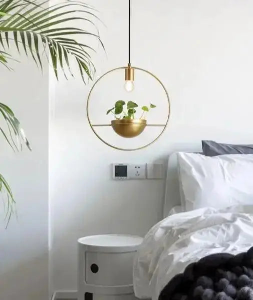Modern nordic gold planter light pendant, circular brass ceiling fixture with planter bowl and exposed bulb Decorbites on Tampa Home & Garden Store