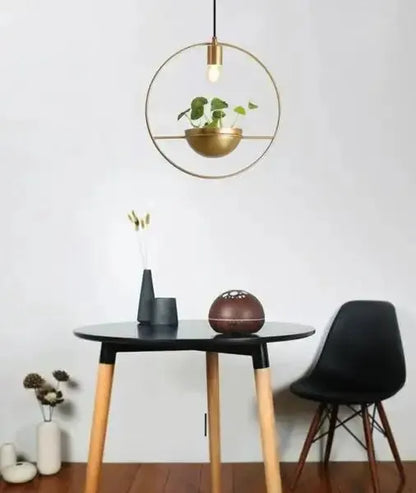 Modern nordic gold planter light pendant fixture with circular ring and central planter Decorbites on Tampa Home & Garden Store