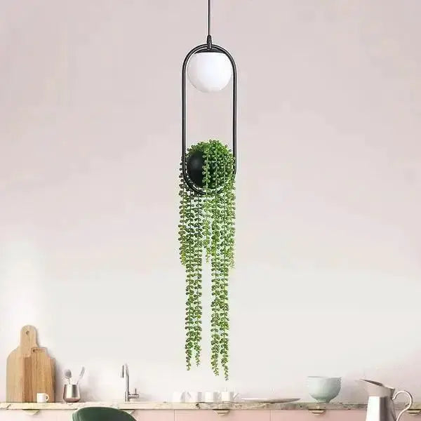 Planter pendant light by Decorbites in black metal with a white globe and trailing greenery on Tampa Home & Garden Store
