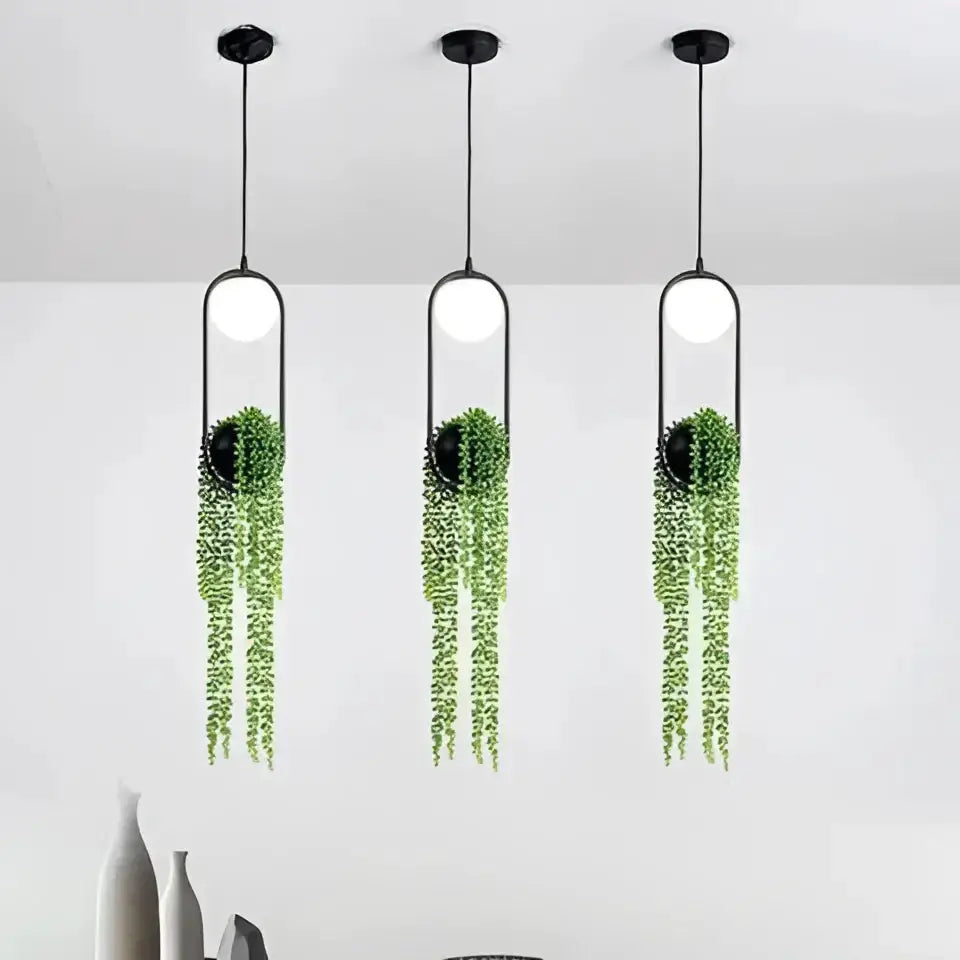 Modern planter pendant light trio by Decorbites, black frames with white globes and trailing greenery on Tampa Home & Garden Store