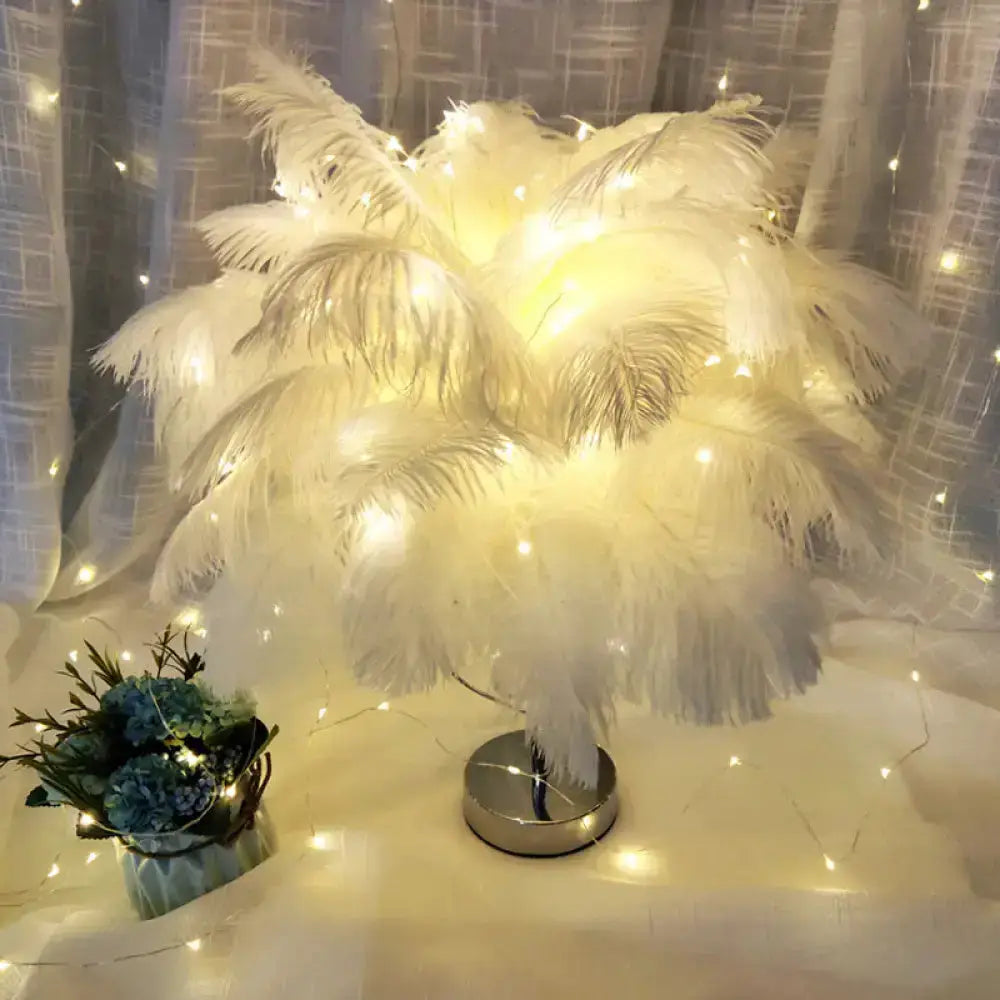 Modern romantic white feather table lamp with warm LED lighting, Decorbites, silver base on Tampa Home & Garden Store
