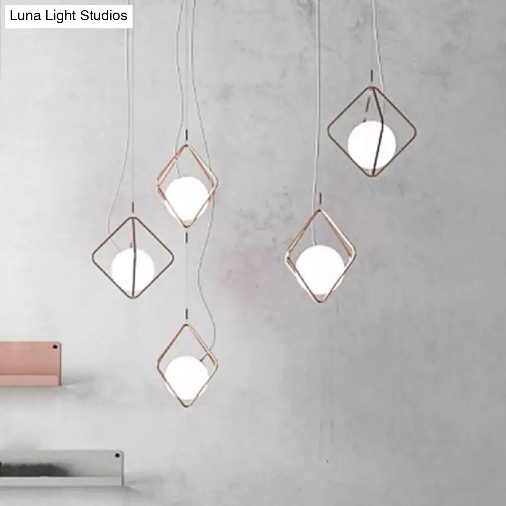 Copper Square Suspension Light pendant with copper wireframe and white globes, 5 pcs on Tampa Home & Garden Store