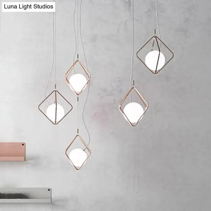 Copper Square Suspension Light pendant with copper wireframe and white globes, 5 pcs on Tampa Home & Garden Store