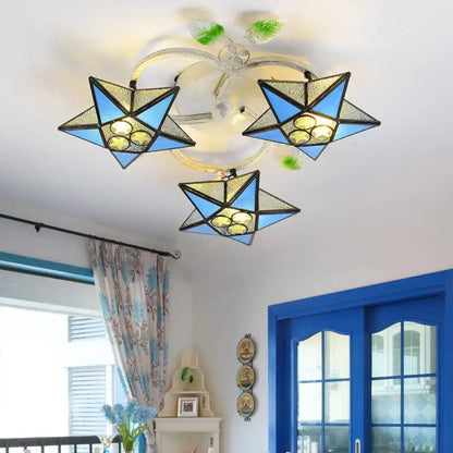 Tiffany Glass Star Ceiling Light three blue glass star pendants around a round mount on Tampa Home & Garden Store