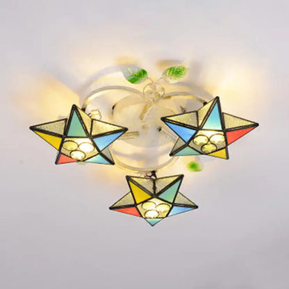Tiffany Glass Star Ceiling Light flush mount with three stained-glass stars by Decorbites on Tampa Home & Garden Store