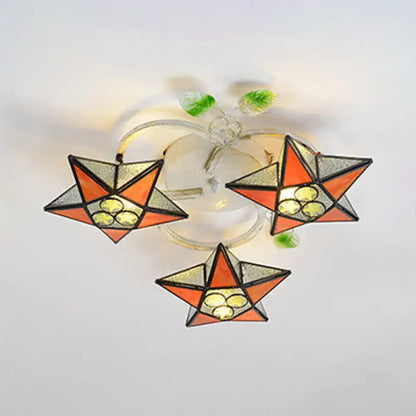 Tiffany Glass Star Flush Mount Light with three orange stained-glass star shades Decorbites on Tampa Home & Garden Store