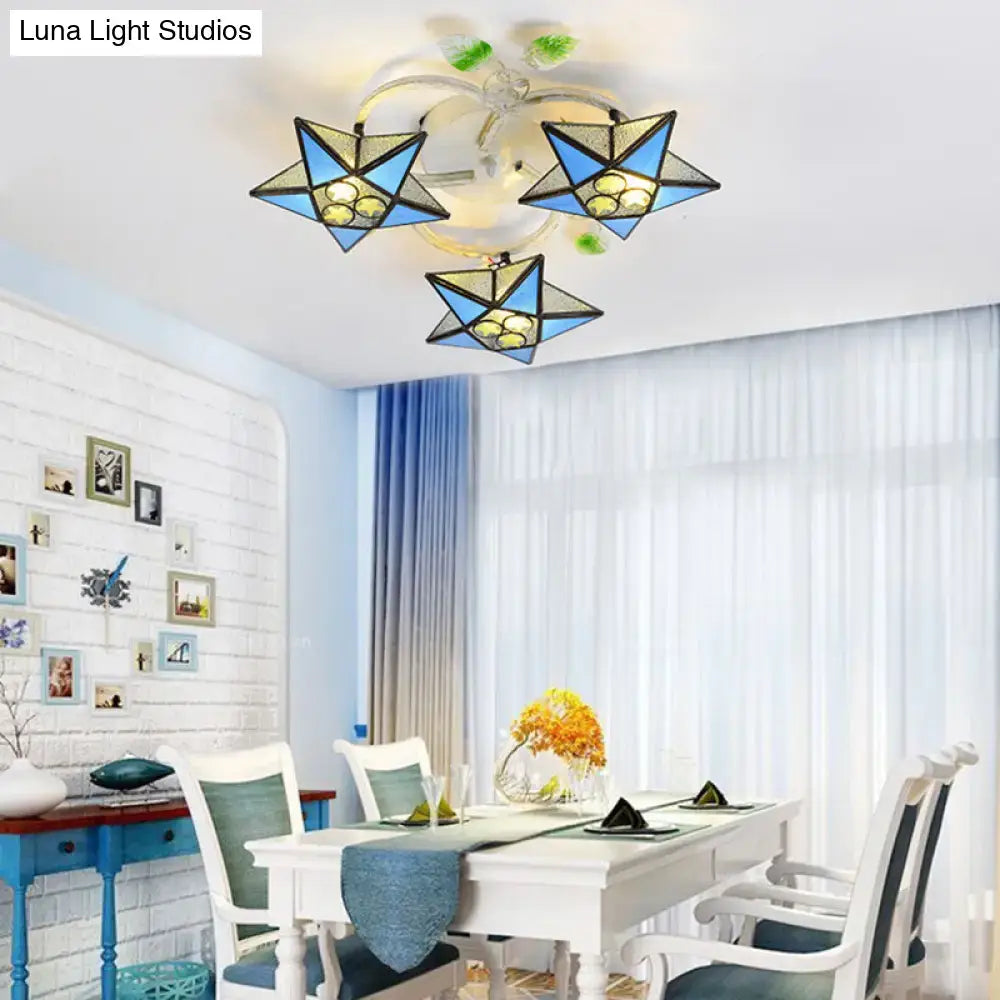 Tiffany Glass Star Ceiling Light flush mount, blue and amber stained glass, Decorbites on Tampa Home & Garden Store
