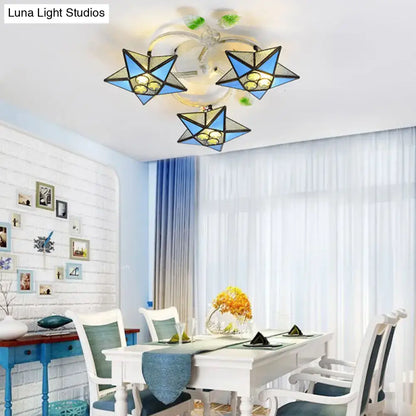 Tiffany Glass Star Ceiling Light flush mount, blue and amber stained glass, Decorbites on Tampa Home & Garden Store