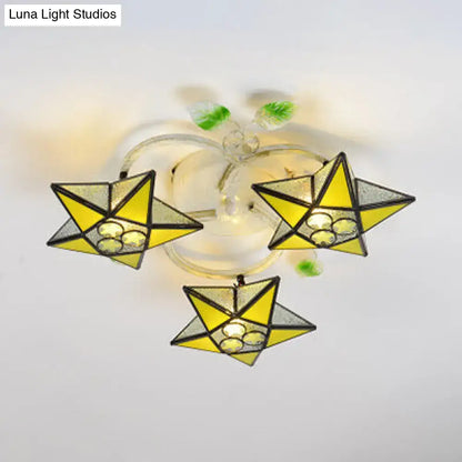 Tiffany Glass Star Ceiling Light flush mount with three yellow stained-glass stars by Decorbites on Tampa Home & Garden Store