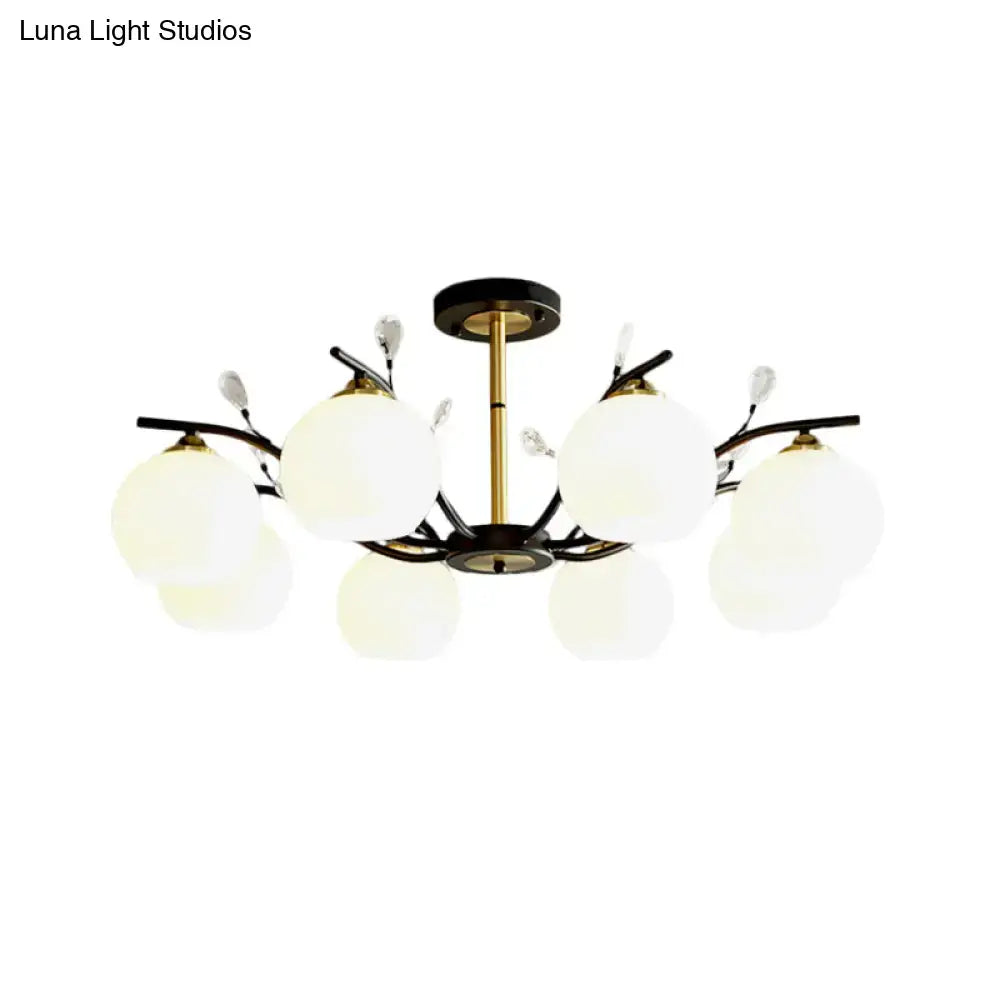 Black Gold Glass Ceiling Light Semi-Flush for Dining, 6 white globes on brass-black arms on Tampa Home & Garden Store