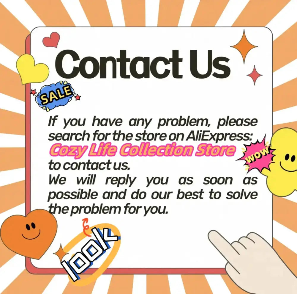 Contact Us sign graphic with orange sunburst background, hearts, stars, and a pointing hand on Tampa Home & Garden Store