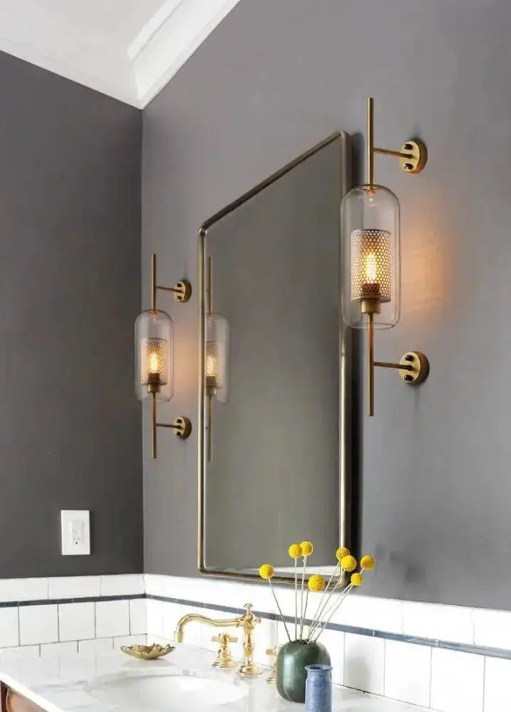 Modern Moroccan Brass and Amber Glass Wall Sconce