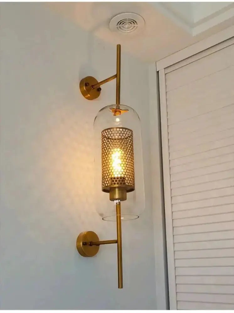 Modern Moroccan Brass and Amber Glass Wall Sconce