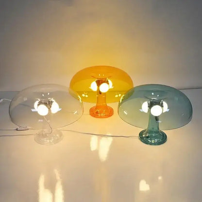 Black LED mushroom table lamp trio with clear amber and teal glass domes on Tampa Home & Garden Store