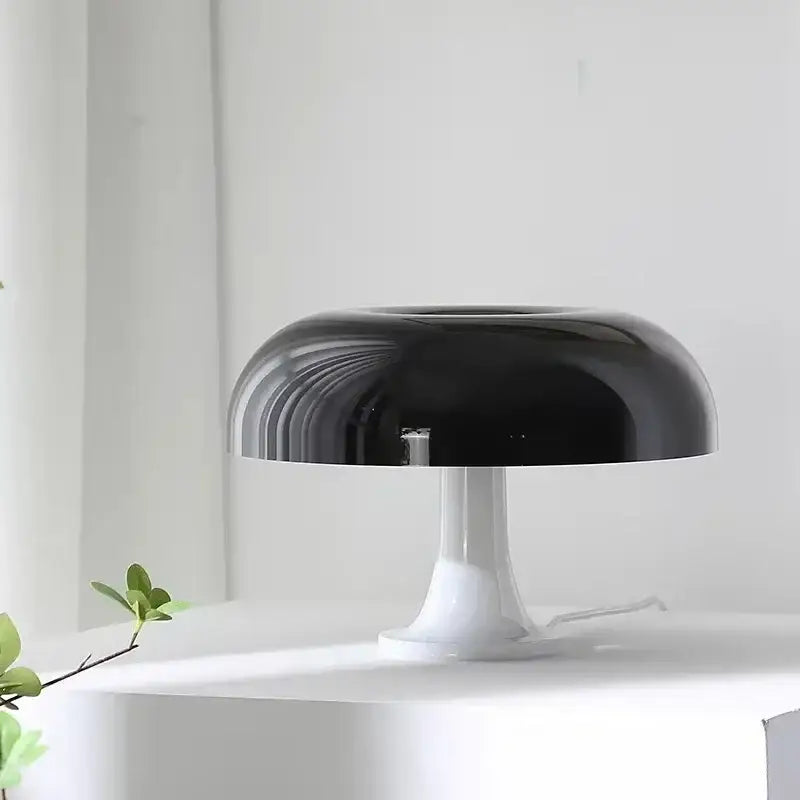 Black LED Mushroom Lamp, glossy black shade on white pedestal bedside table lamp on Tampa Home & Garden Store