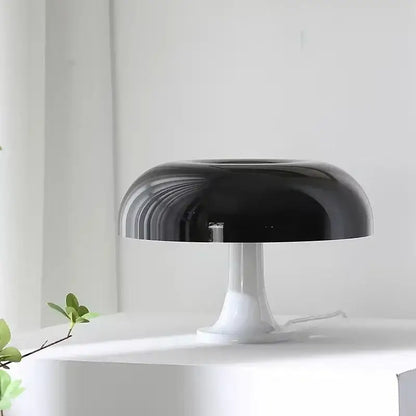 Black LED Mushroom Lamp, glossy black shade on white pedestal bedside table lamp on Tampa Home & Garden Store