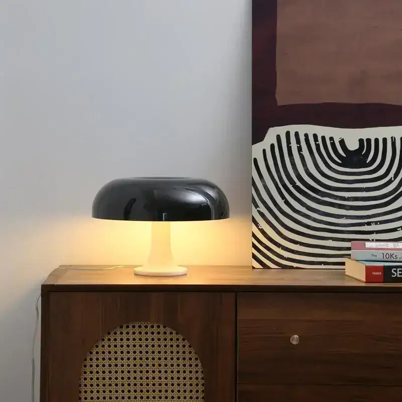 Black LED Mushroom Lamp Decorbites, white-stemmed table lamp with black dome on Tampa Home & Garden Store