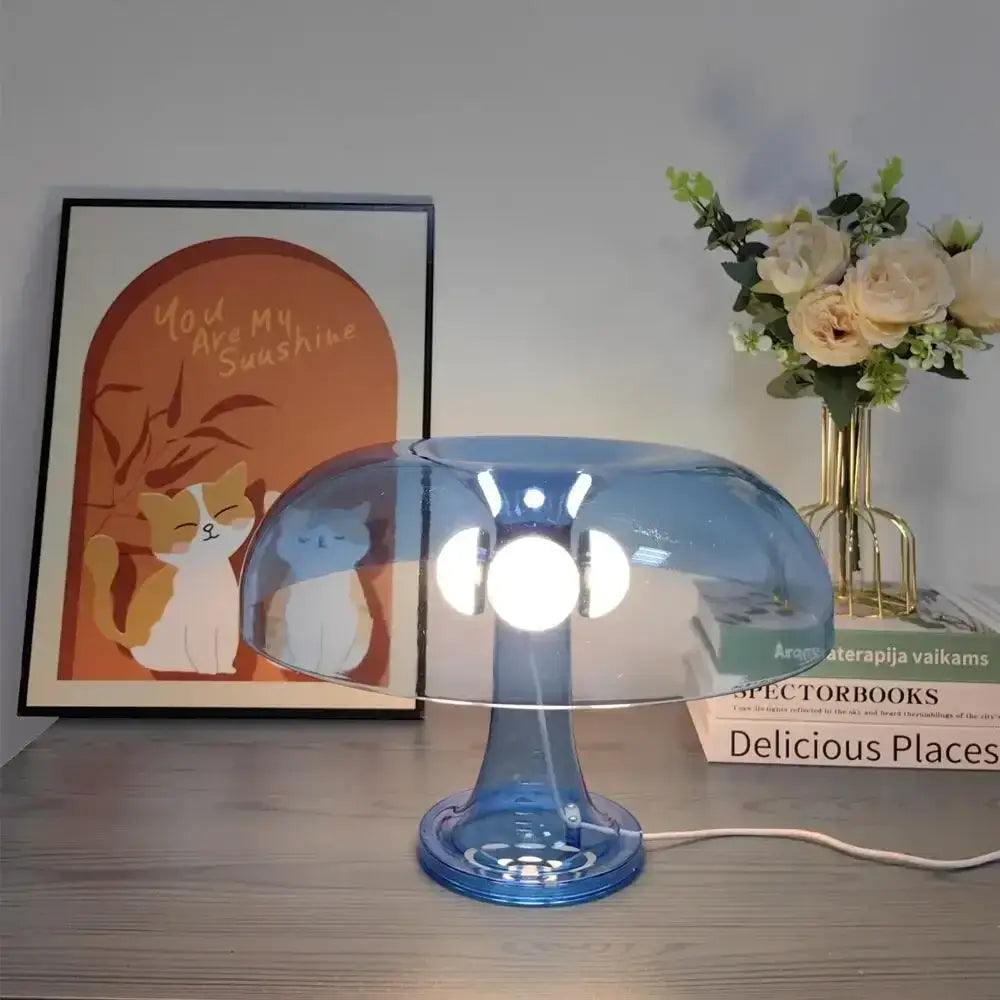 Blue glass mushroom table lamp with LED light, Decorbites bedside lamp on Tampa Home & Garden Store