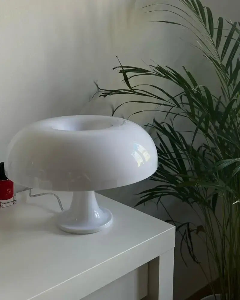 White LED mushroom table lamp with open top on white bedside table on Tampa Home & Garden Store