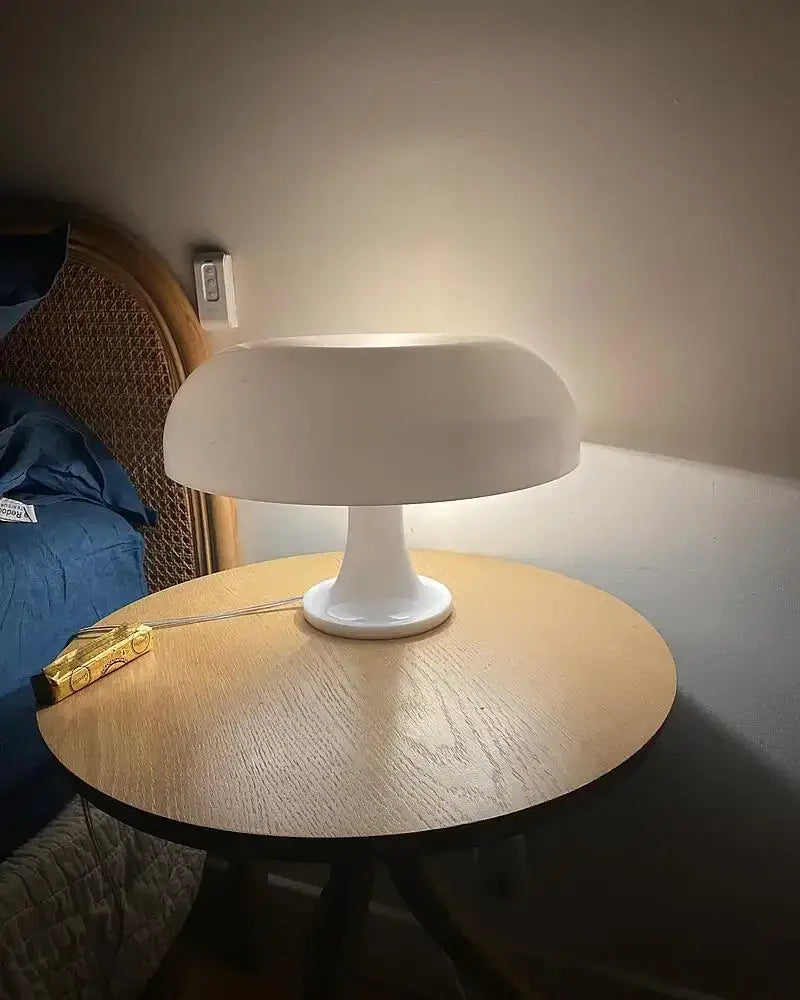 LED mushroom lamp with white finish on a circular wooden bedside table by Decorbites on Tampa Home & Garden Store