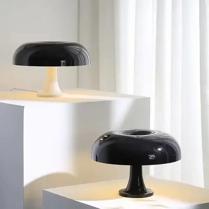 Black LED Mushroom Table Lamp, glossy dome shade on white pedestal base, bedside lamp pair on Tampa Home & Garden Store