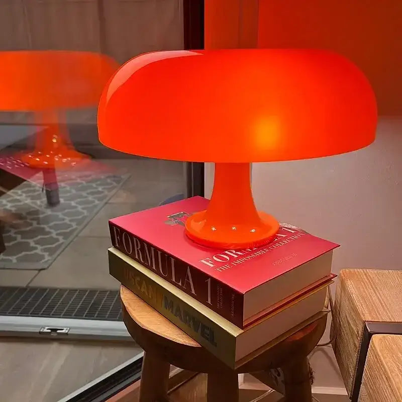 Orange LED mushroom lamp on a stack of books modern bedside lamp Decorbites on Tampa Home & Garden Store