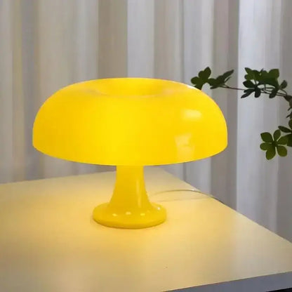 Yellow mushroom LED table lamp on a white bedside table with a plant nearby on Tampa Home & Garden Store