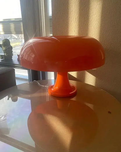 Orange LED mushroom table lamp with glossy plastic finish, bedside decor on Tampa Home & Garden Store