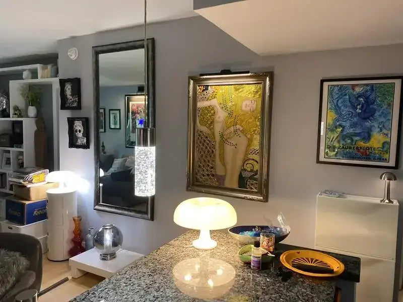 White mushroom LED table lamp on granite kitchen island with warm glow on Tampa Home & Garden Store