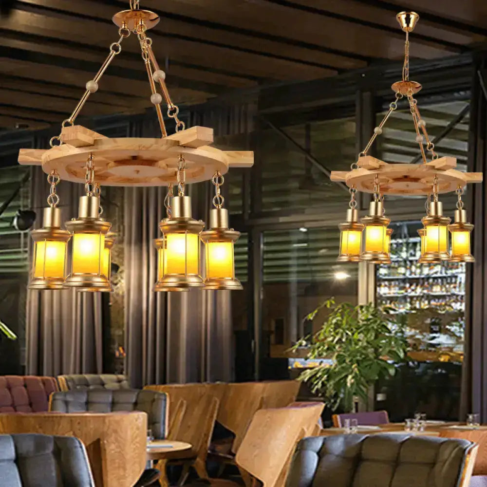 Decorbites rustic industrial wood spool pendant chandeliers set of two with brass lanterns on Tampa Home & Garden Store