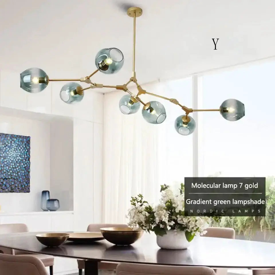 Chandelier Modern gray textured glass with brass arms and seven blue-green globes Decorbites on Tampa Home & Garden Store