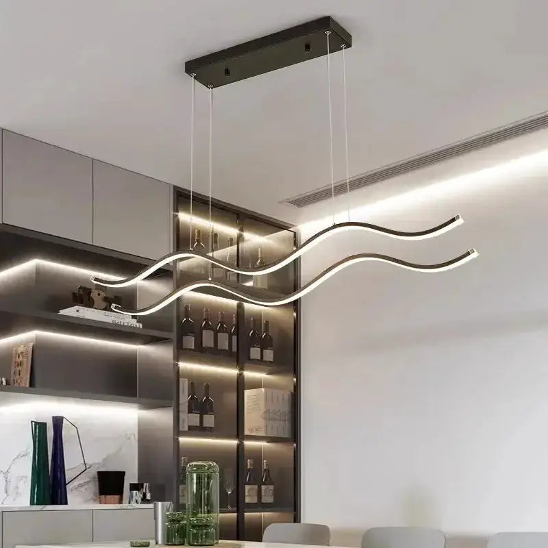 Modern curved LED pendant chandelier by Decorbites with three white LED waves, black canopy on Tampa Home & Garden Store