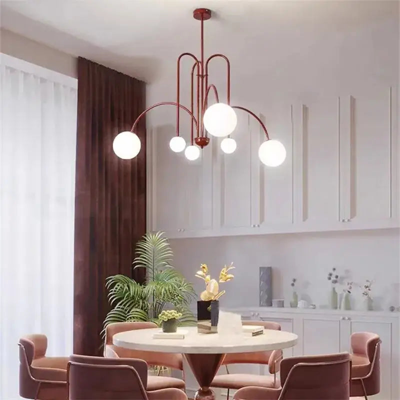 Adjustable Burgundy and White Ball Chandelier