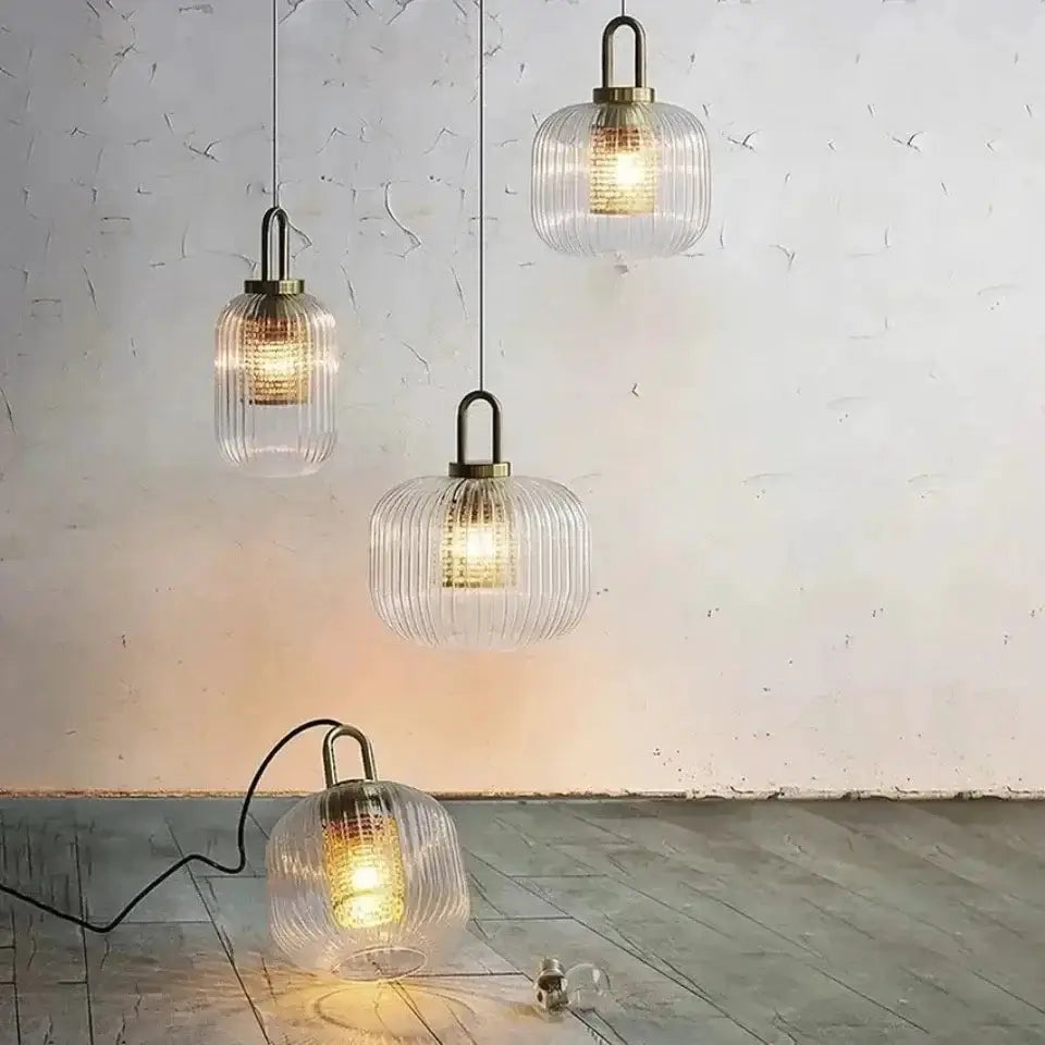 Decorbites vintage brass glass pendant lights, ribbed clear glass with brass caps, set of 4 on Tampa Home & Garden Store