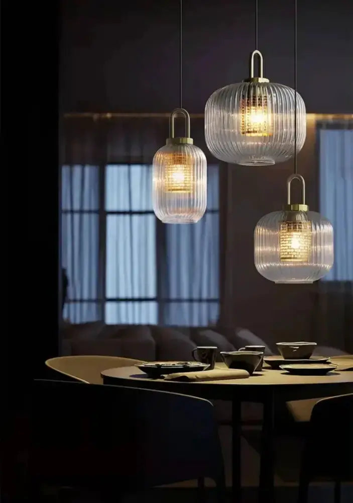 Vintage brass glass pendant lights with ribbed shades over dining table 3-pack on Tampa Home & Garden Store