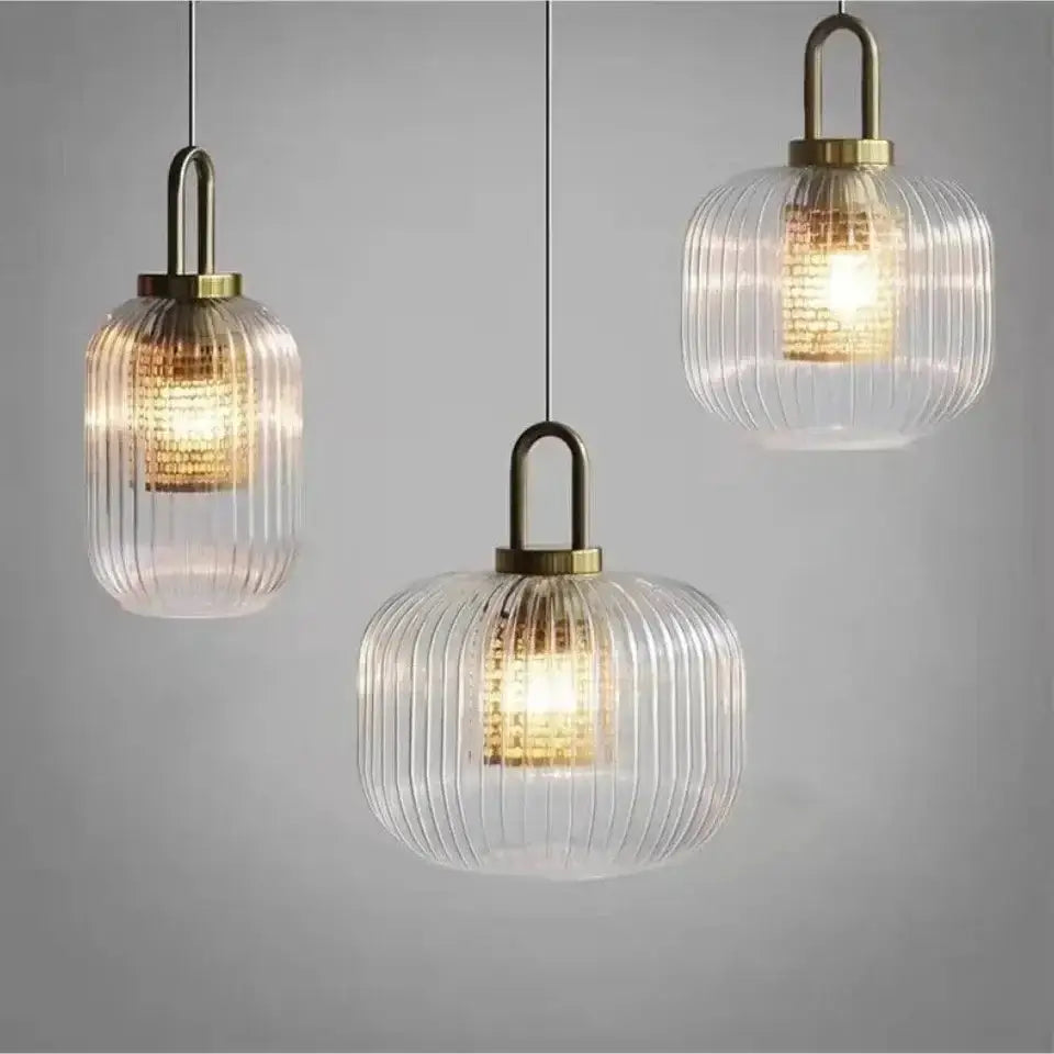 Glass pendant lights with ribbed globe shades and brass caps, 3-pack by Decorbites on Tampa Home & Garden Store