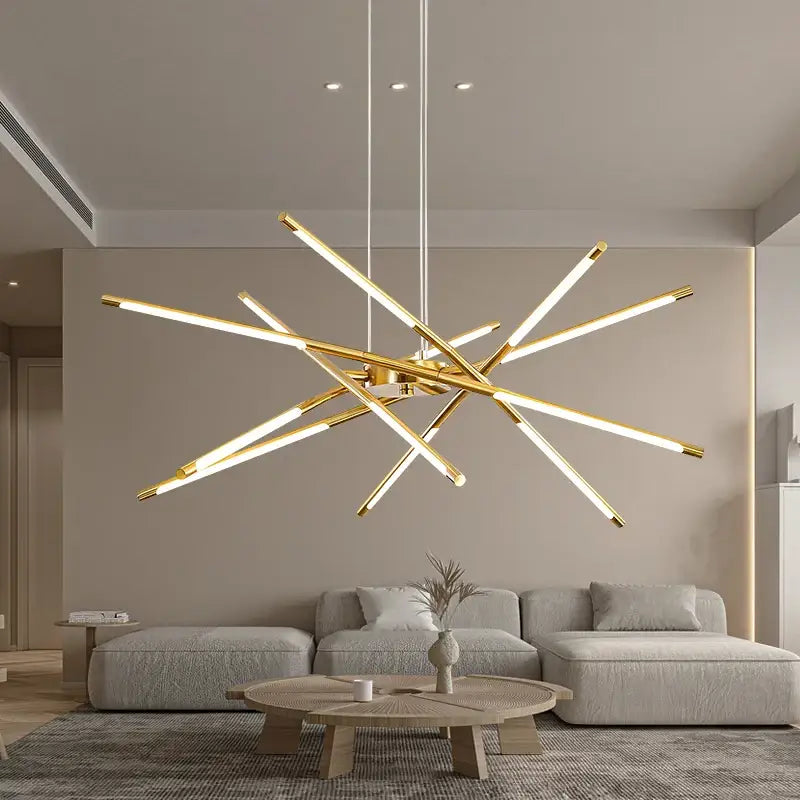 Gold Decorbites Nordic LED chandelier, starburst gold metal rods, modern pendant lighting on Tampa Home & Garden Store