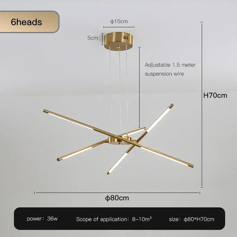 Decorbites Gold Nordic LED chandelier with six-arm starburst, gold finish, ceiling mount on Tampa Home & Garden Store