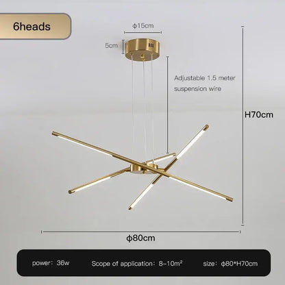 Decorbites Gold Nordic LED chandelier with six-arm starburst, gold finish, ceiling mount on Tampa Home & Garden Store
