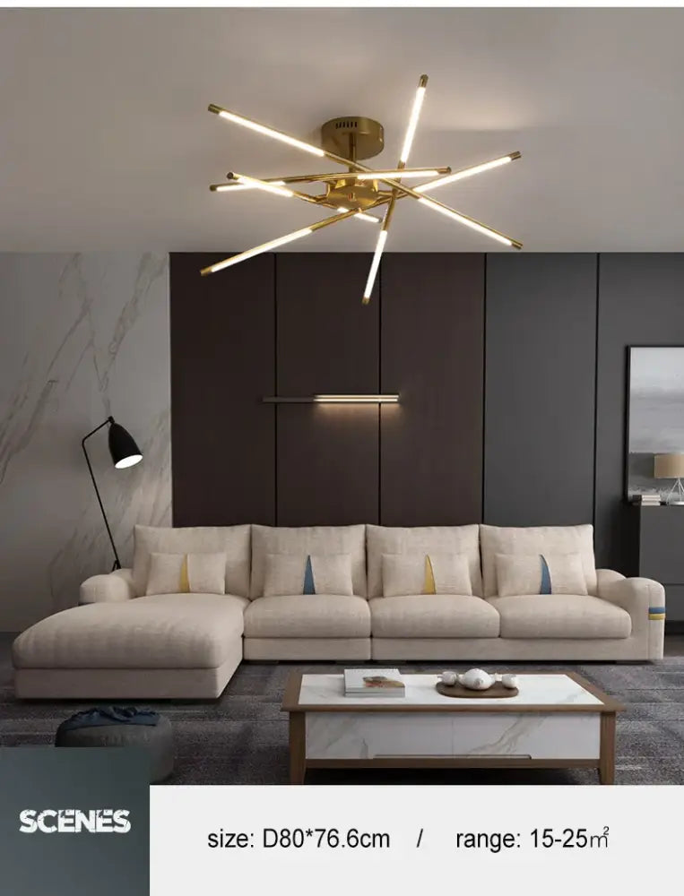 Gold Nordic LED chandelier with starburst brass arms over a modern living room on Tampa Home & Garden Store