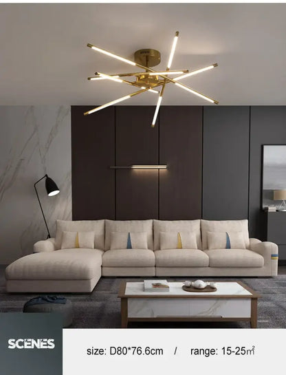 Gold Nordic LED chandelier with starburst brass arms over a modern living room on Tampa Home & Garden Store