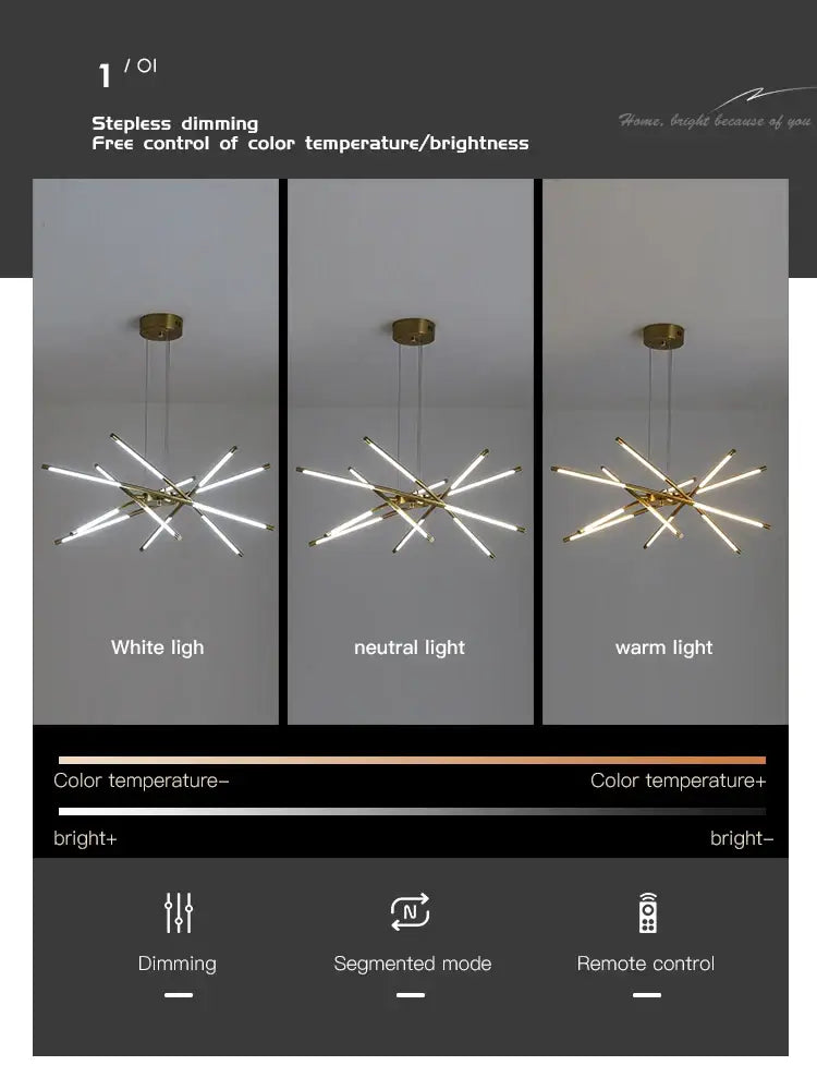 Gold Nordic LED chandelier by Decorbites with starburst brass finish and three color temps on Tampa Home & Garden Store
