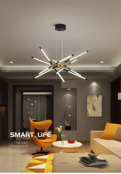 Gold Nordic LED Chandelier by Decorbites, starburst gold finish with black canopy on Tampa Home & Garden Store