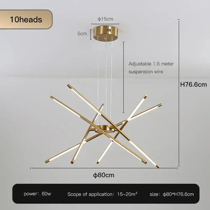 Gold Nordic LED chandelier with 10 intersecting linear tubes by Decorbites, gold finish on Tampa Home & Garden Store