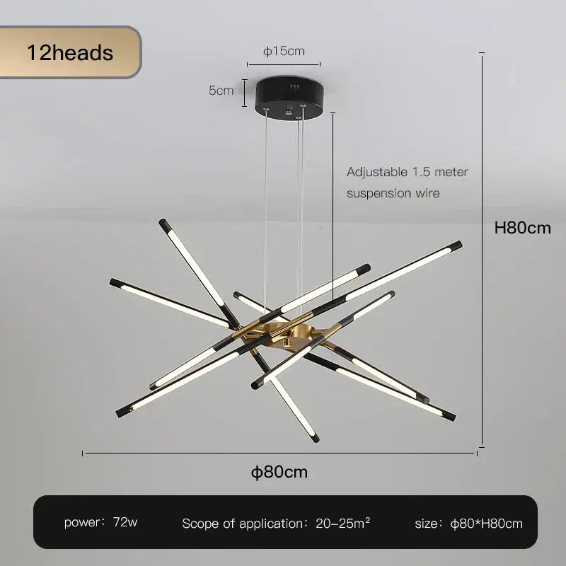 Gold Nordic LED Chandelier by Decorbites, 12 heads, gold finish, adjustable suspension, 80cm dia x 80cm high on Tampa Home & Garden Store