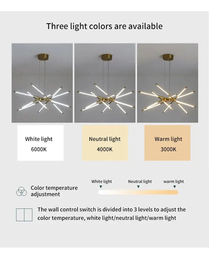 Decorbites Gold Nordic LED Chandelier; gold starburst ceiling light with three color temps on Tampa Home & Garden Store