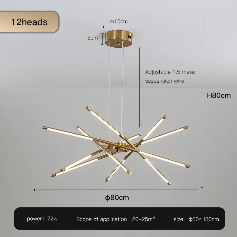 Gold Nordic LED Chandelier by Decorbites; 12-head fixture, Ø80cm H80cm, 1.5m suspension on Tampa Home & Garden Store