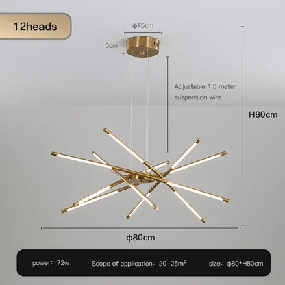 Gold Nordic LED Chandelier by Decorbites; 12-head fixture, Ø80cm H80cm, 1.5m suspension on Tampa Home & Garden Store